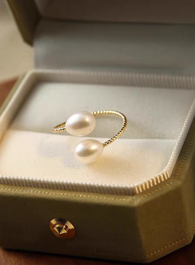 5-6mm天然淡水珍珠双珠戒指活口可调节戒指