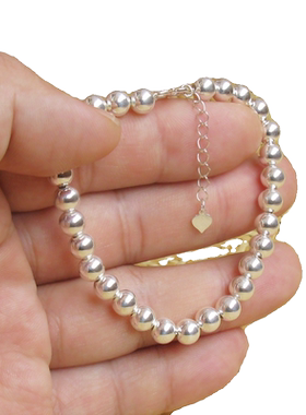 圆珠纯银手链女足银手链串珠佛珠手链银珠子转运珠银饰品光面简约