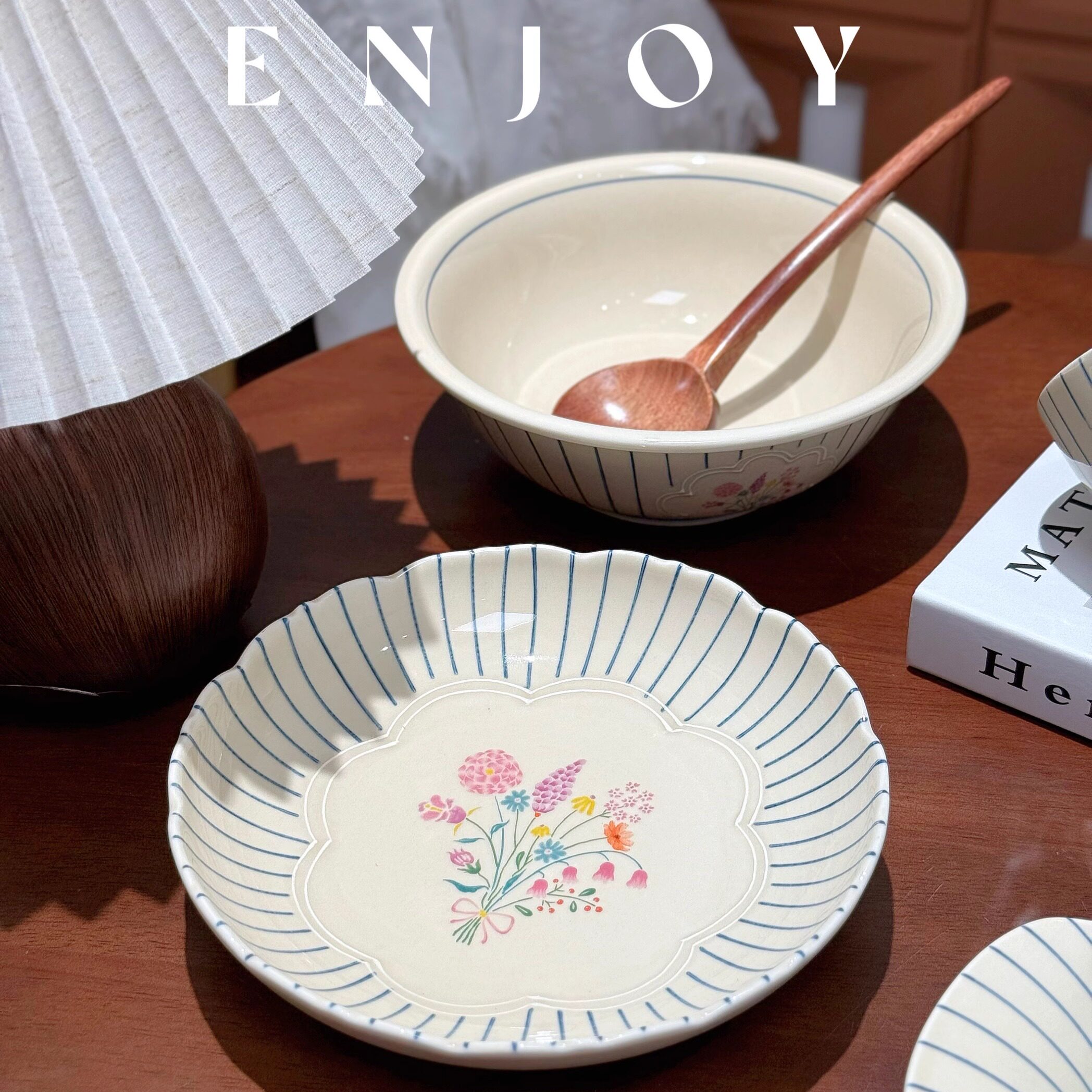 悦檬食器瑞和复古条纹花卉陶瓷餐具套装家用碗汤盘甜品盘乔迁礼物