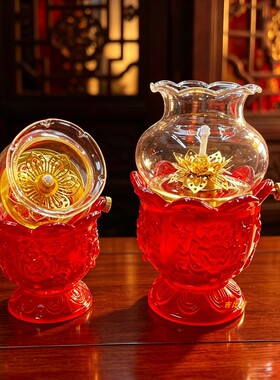 中式红玻璃莲花酥油灯家用摆件