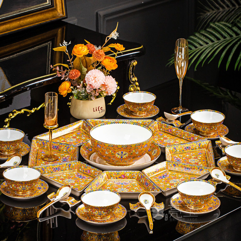 景德镇中式家用碗碟碗盘宫廷珐琅彩拼盘套装组合骨瓷餐具乔迁送礼,淘宝优惠券,粉丝福利购,淘宝优惠卷