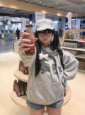 美式刺绣小狗格子绑带连帽卫衣女2025新款秋冬加绒宽松慵懒风上衣