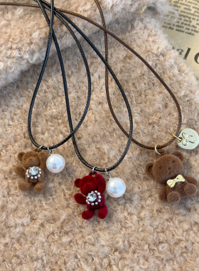 秋冬小熊植绒吊坠项链女可爱卡通长款蜡绳毛衣链美拉德棕色卫衣链