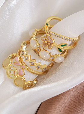 跨境个性时尚指环戒复古小众猫眼水钻蝴蝶结花朵几何开口戒指手饰