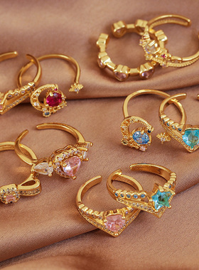 欧美风跨境新款轻奢戒指心形爱心蝴蝶结微镶几何开口戒指指环