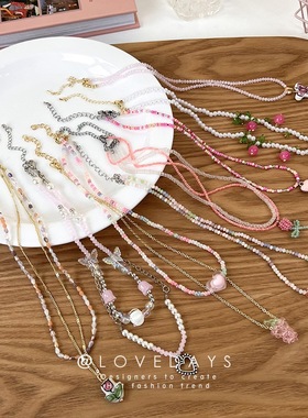 2022春夏甜酷风粉色系叠戴彩色串珠项链女小众设计感锁骨链颈链