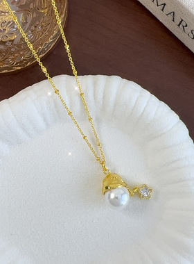 法式浪漫拉丝珍珠圣诞帽星星项链女小众设计复古轻奢高级感锁骨链