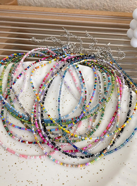 韩版复古马卡龙糖果色彩色米珠串珠项链甜美可爱少女波西米亚颈链