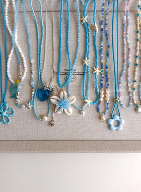 蓝色系串珠贝壳项链女度假风