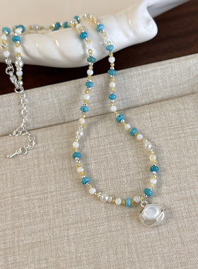 新品拍照搭配配饰黄白撞色百搭拼色锁骨链蓝色石头串珠贝壳项链女