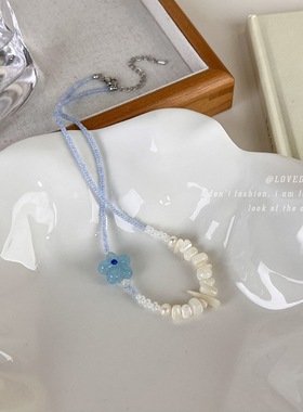 度假风“海岛少女”甜美沙滩贝壳蓝色花朵珍珠项链夏日串珠颈链潮