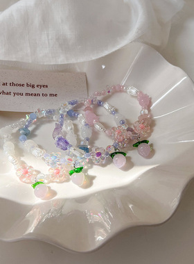 个性手作ins可爱少女粉蓝花朵vintage小众设计水蜜桃串珠手链女