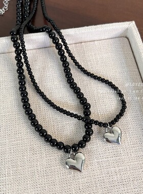 嘻哈黑色玻璃珠银色爱心锁骨链