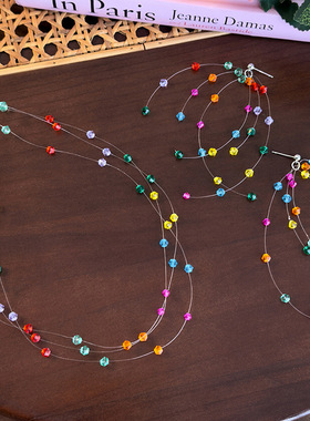 彩色多巴胺串珠项链女春时尚个性显脸小耳钉小众设计高级感锁骨链