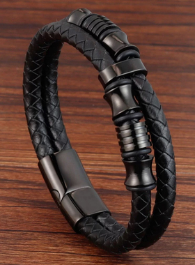 黑色皮手绳男士双层不锈钢真牛皮革手工编织手链多层手镯百搭个性