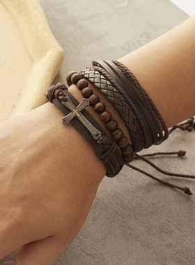 男士木质珠饰羽毛手链复古多层手工编织皮革手镯男女串珠吊坠配饰