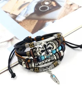 民族风复古饰品 男女通用多层串珠十字架手链 时尚个性仿松石手饰