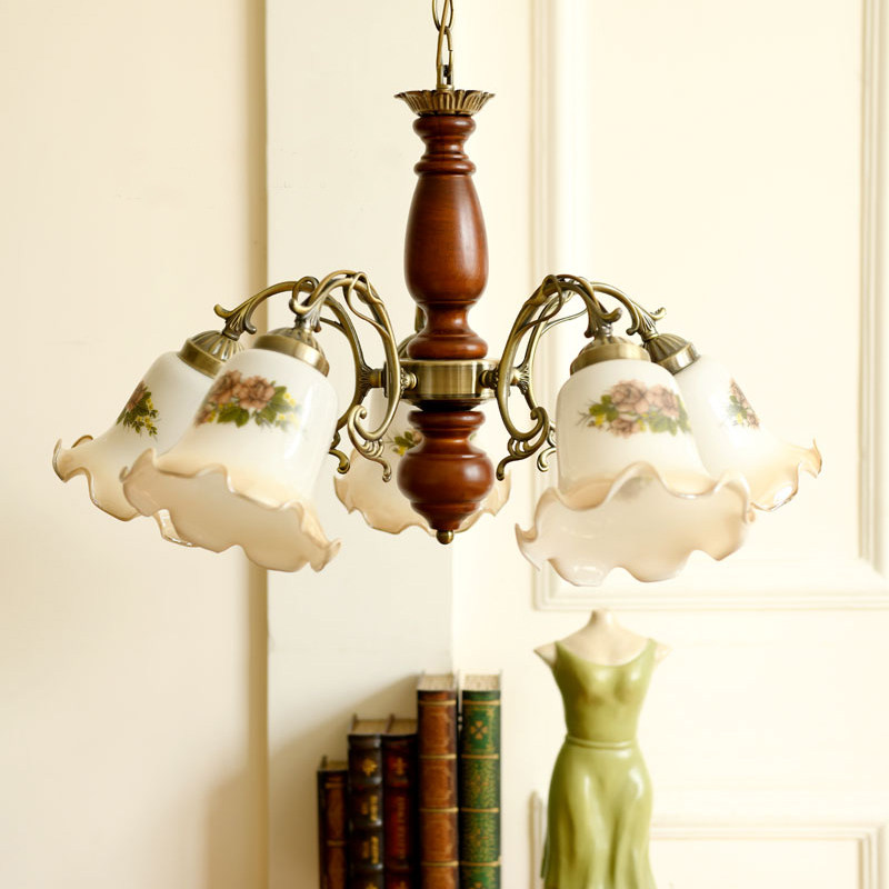 客厅吊灯卧室美式田园中古风格复古实木灯五头吊灯创意彩绘新中式,淘宝优惠券,粉丝福利购,淘宝优惠卷