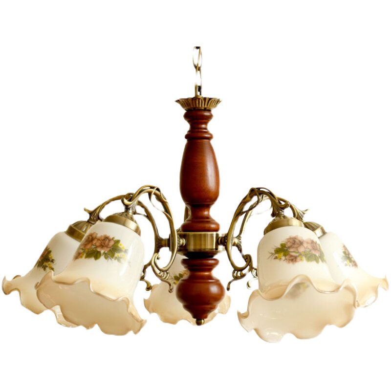 客厅吊灯卧室美式田园中古风格复古实木灯五头吊灯创意彩绘新中式,淘宝优惠券,粉丝福利购,淘宝优惠卷