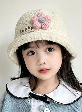 女童秋冬毛绒保暖小花渔夫水桶帽
