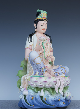 渡雅陶瓷德化瓷坐荷自在观音佛像摆件供奉神像16寸海浪坐莲高端
