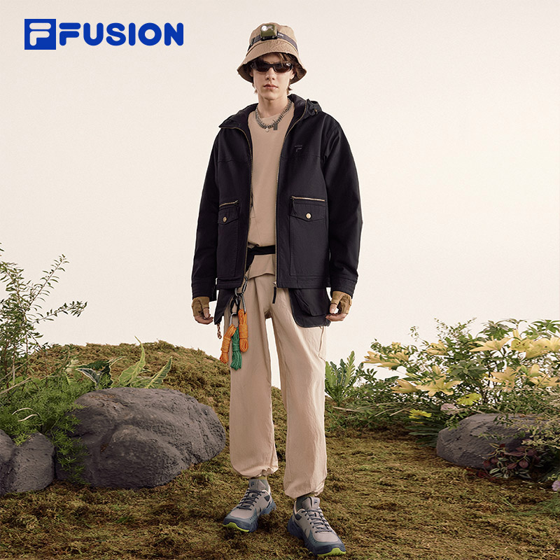 FILA FUSION斐乐潮牌棉服男2024春新款时尚休闲连帽复古工装夹克