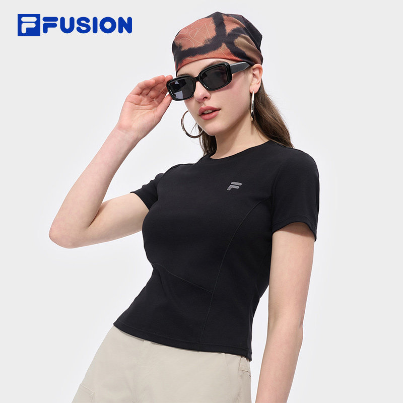 FILA FUSION斐乐潮牌女子针织短袖衫2025夏季新款时尚休闲紧身T恤,淘宝优惠券,粉丝福利购,淘宝优惠卷