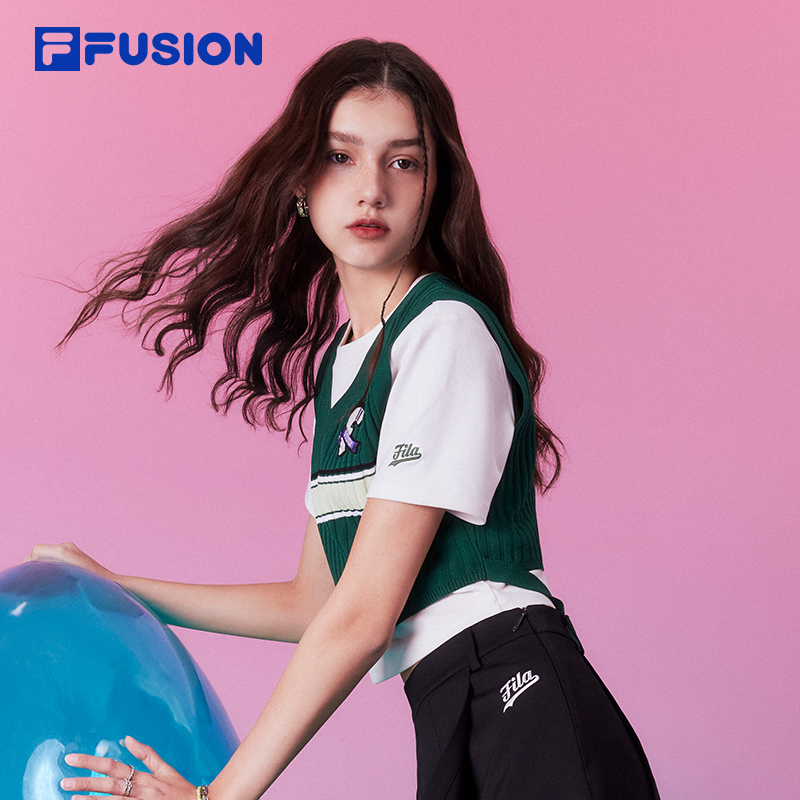 FILA FUSION斐乐潮牌短袖T恤两件套2024夏新款透气圆领修身短t女-图1