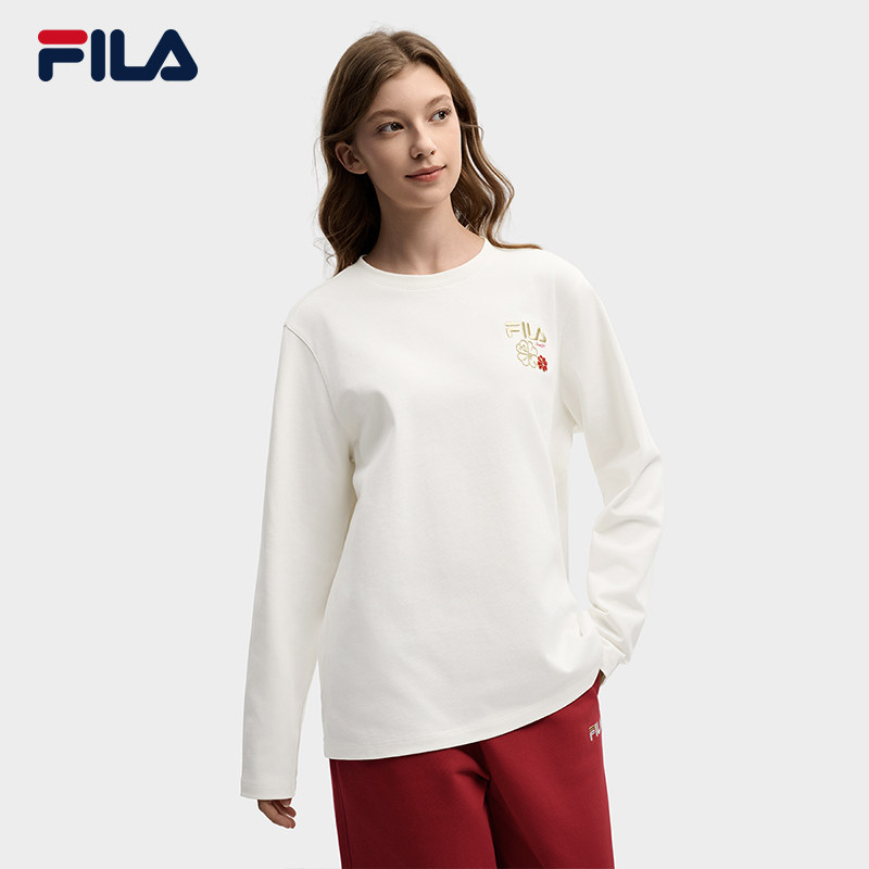 FILA 斐乐男女同款长袖T恤2026春新款情侣休闲海棠花红色长T恤,淘宝优惠券,粉丝福利购,淘宝优惠卷