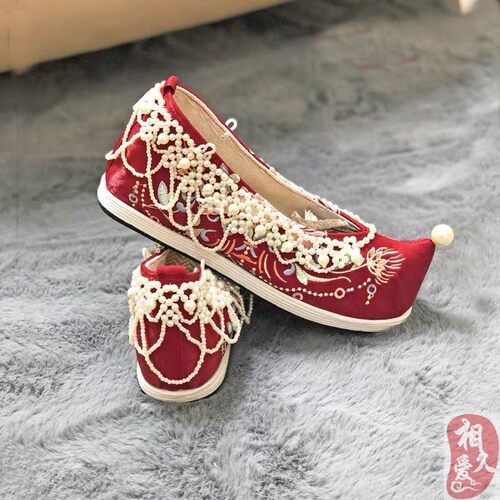 原创古风汉服鞋子女内增高跟古装绣花中式秀禾婚鞋珍珠凤头鞋厚底 - 图0