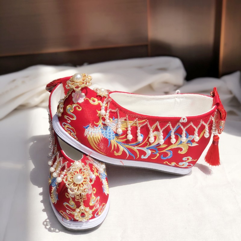 原创汉服鞋女内增高古装明制婚服鞋绣花中式秀禾婚鞋珍珠绣凤厚底 - 图2