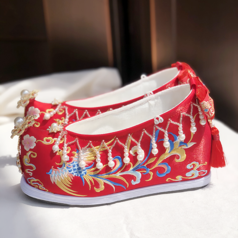 原创汉服鞋女内增高古装明制婚服鞋绣花中式秀禾婚鞋珍珠绣凤厚底 - 图3