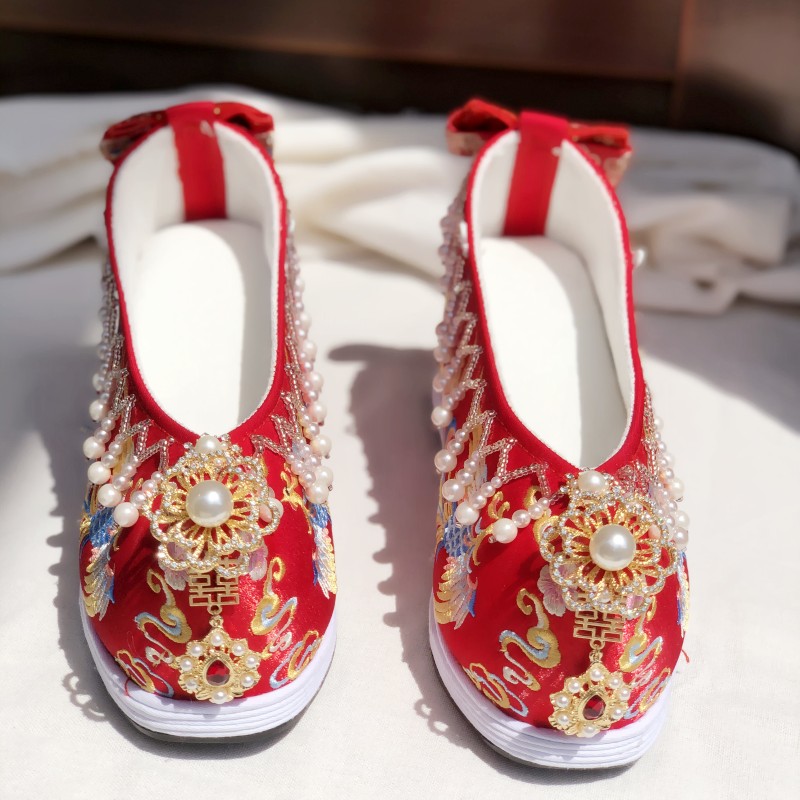 原创汉服鞋女内增高古装明制婚服鞋绣花中式秀禾婚鞋珍珠绣凤厚底 - 图0