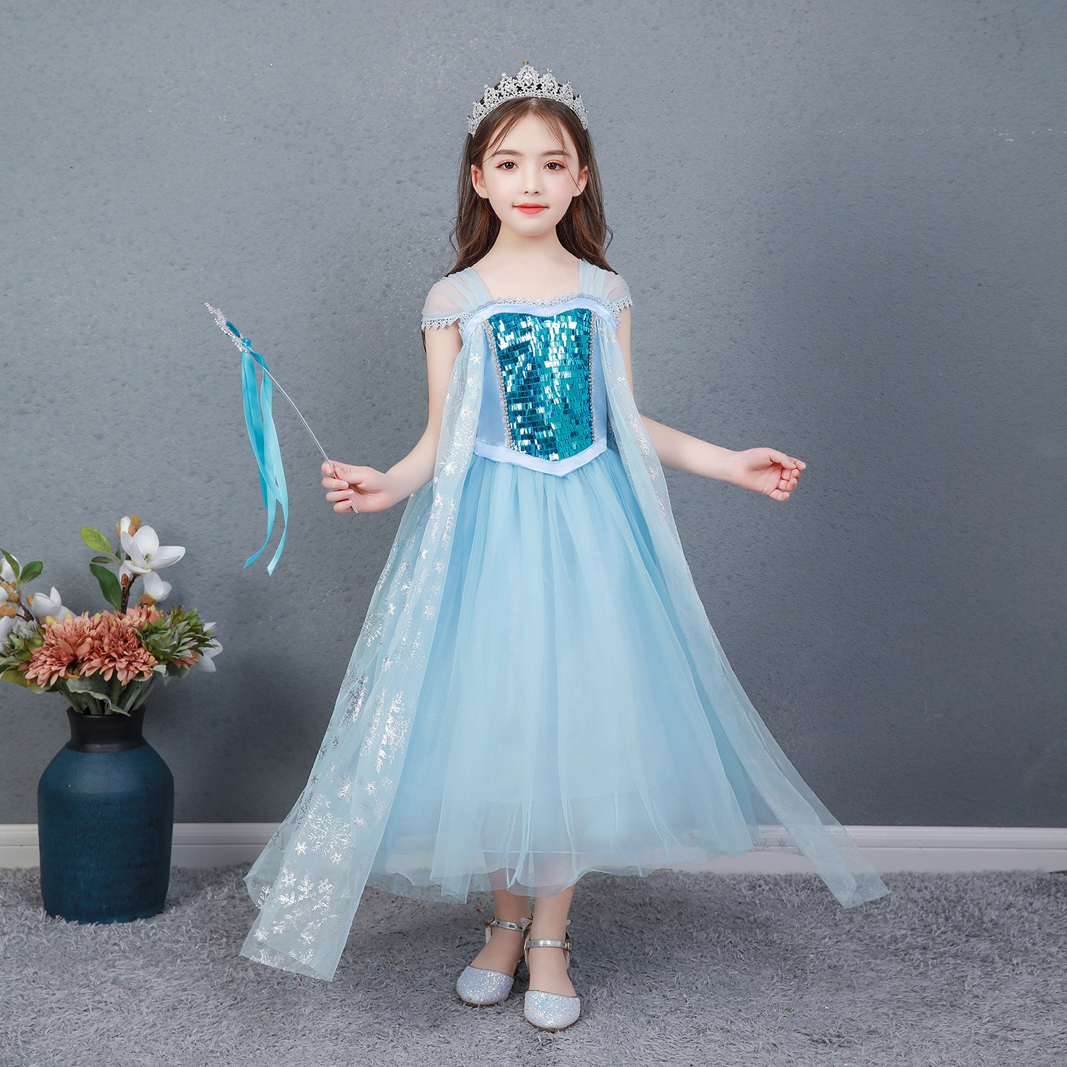 儿童艾莎公主裙迪士尼冰雪奇缘Elsa cos服万圣节派对话剧活动表演