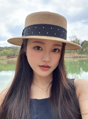 复古波点平顶草帽女夏季大帽檐防晒遮阳帽草编帽日常百搭度假帽子