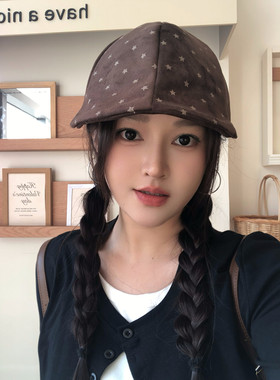 韩版麂皮绒星星前进帽女秋ins复古报童帽显脸小鸭舌帽文艺贝雷帽