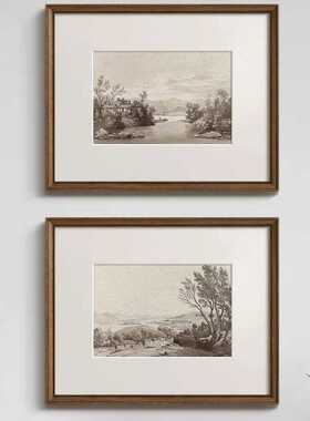 风景素描版画装饰画法式黑白美式