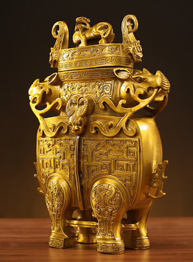 黄铜犀牛四方鼎铜鼎摆件盛鼎家居客厅办公室广场摆饰千秋鼎盛摆件