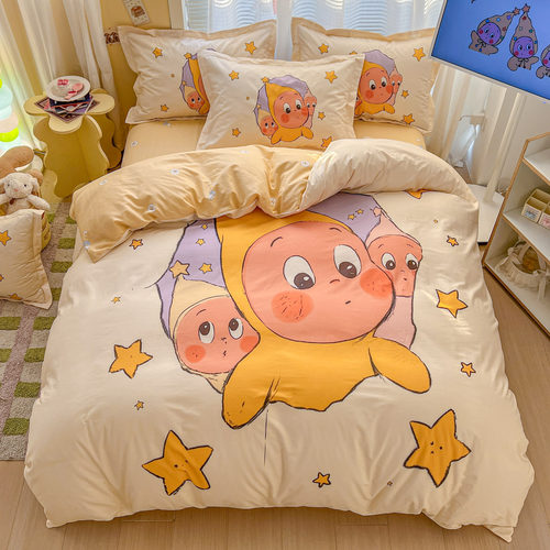 星星人卡通全棉床品四件套纯棉儿童被套床单笠学生宿舍床上三件套 - 图0