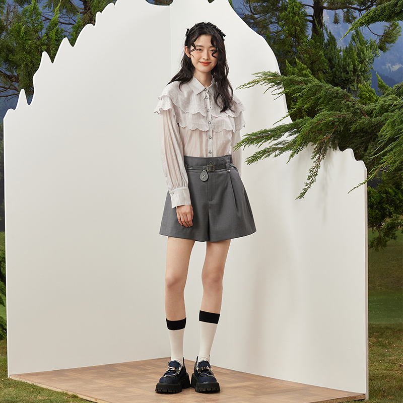 PIT复古休闲灰色短裤高腰显瘦女士百搭休闲裤2025春季新款a字裤 - 图2