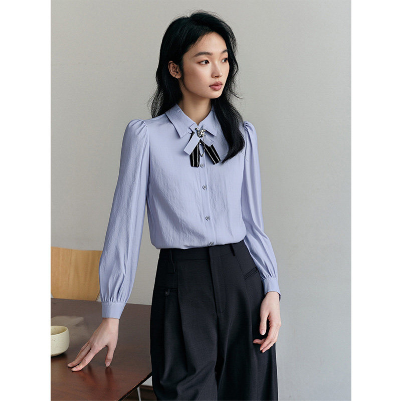 PIT法式复古蓝色领结长袖雪纺衫衬衫女2025夏薄款透气打底衫上衣,淘宝优惠券,粉丝福利购,淘宝优惠卷