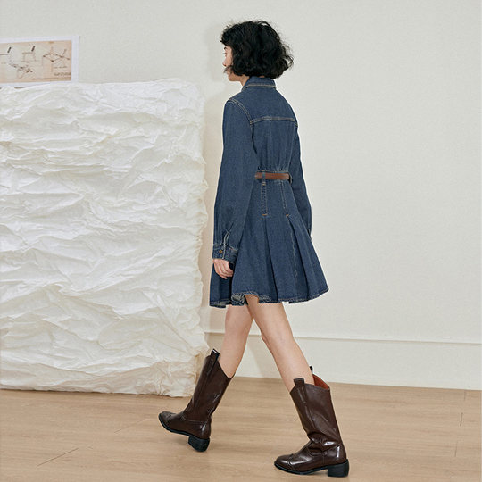 PIT复古设计感法式收腰牛仔连衣裙女秋装新款高腰显瘦裙子