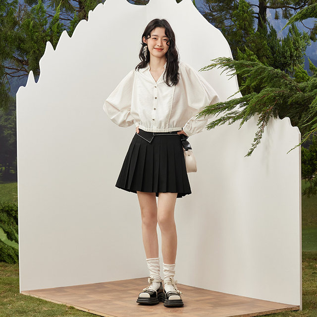 PIT simple retro pleated high-waisted skirt new versatile college style commuting slimming