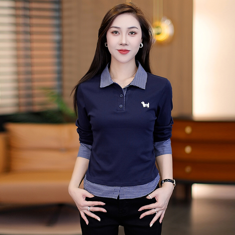 2025秋款新款设计拼接格子时尚假两件刺绣长袖T恤女宽松显瘦上衣 - 图2