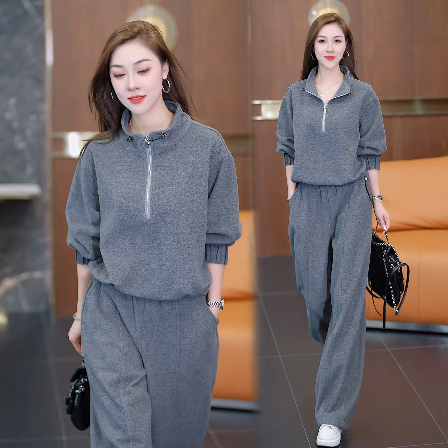 休闲立领半拉链卫衣阔腿裤两件套女秋冬新款宽松韩版加绒运动套装,淘宝优惠券,粉丝福利购,淘宝优惠卷