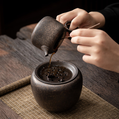 铁锈釉茶渣缸家用陶瓷建水带盖过滤茶洗水盂复古茶桶茶具茶道配件 - 图0
