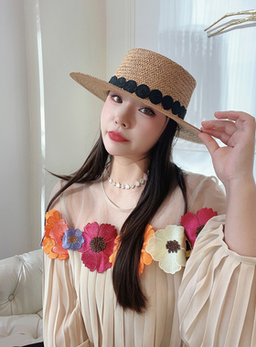 法式蕾丝平顶草帽女夏礼帽大帽檐度假出游海边编织帽子