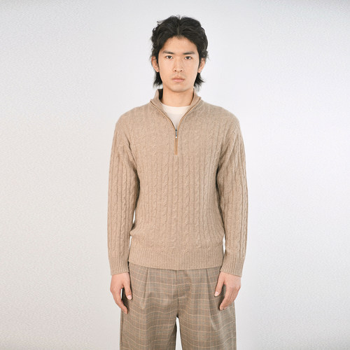 鼎奢 27支100山羊绒男绞花羊皮半拉链 线头计划 - 图0
