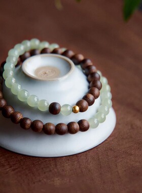 文莱沉香天然和田玉串珠双圈手链