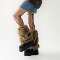 Western Cowboy Fury Fur Leggings Brown Retro Hot Girl Imitation Leather Grass Socks Jacket European and American Long wool boots Sox warm and lean